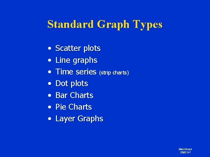 Standard Graph Types • • Scatter plots Line graphs Time series (strip charts) Dot