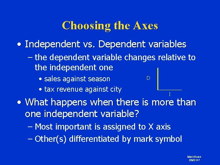 Choosing the Axes • Independent vs. Dependent variables – the dependent variable changes relative