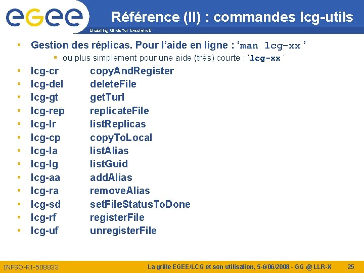 Référence (II) : commandes lcg-utils Enabling Grids for E-scienc. E • Gestion des réplicas.