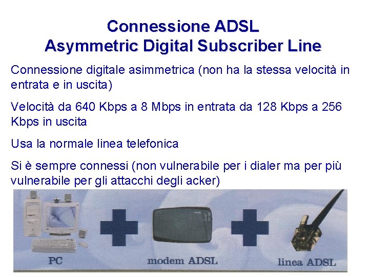Connessione ADSL Asymmetric Digital Subscriber Line Connessione digitale asimmetrica (non ha la stessa velocità