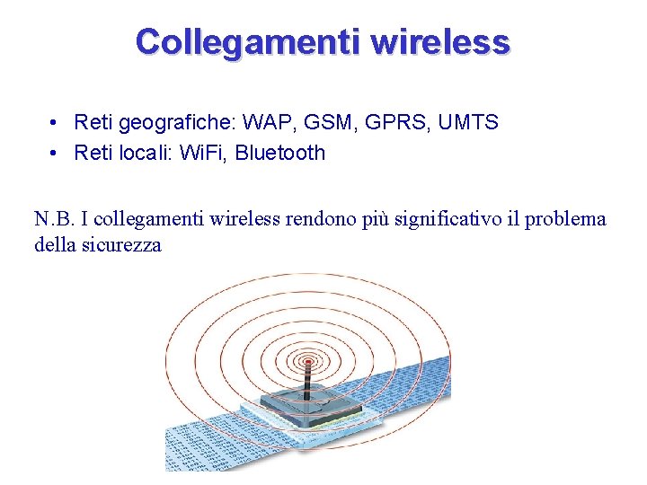 Collegamenti wireless • Reti geografiche: WAP, GSM, GPRS, UMTS • Reti locali: Wi. Fi,