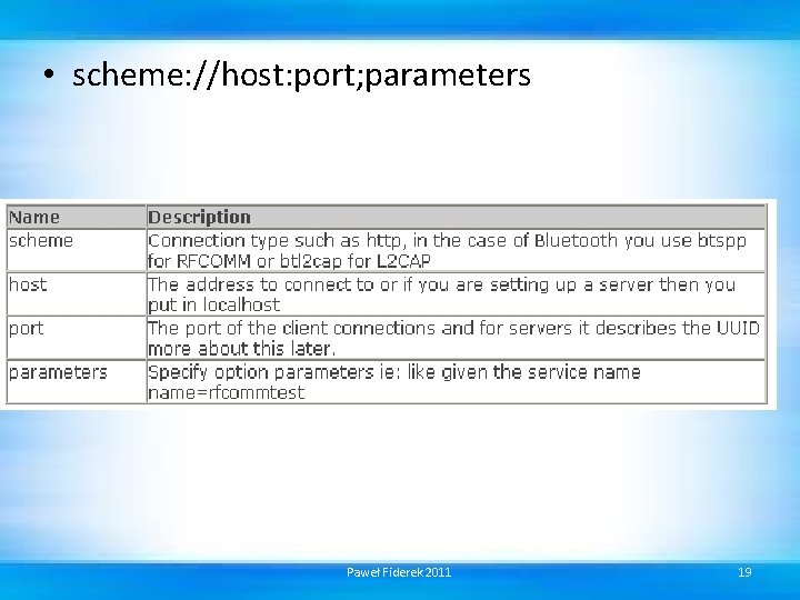  • scheme: //host: port; parameters Paweł Fiderek 2011 19 