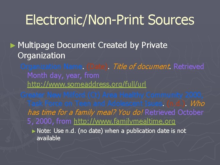 Electronic/Non-Print Sources ► Multipage Document Created by Private Organization Name. (Date). Title of document.