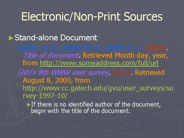 Electronic/Non-Print Sources ► Stand-alone Document Author, A. A. , Author B. B. , Author