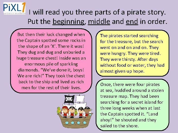 I will read you three parts of a pirate story. Put the beginning, middle