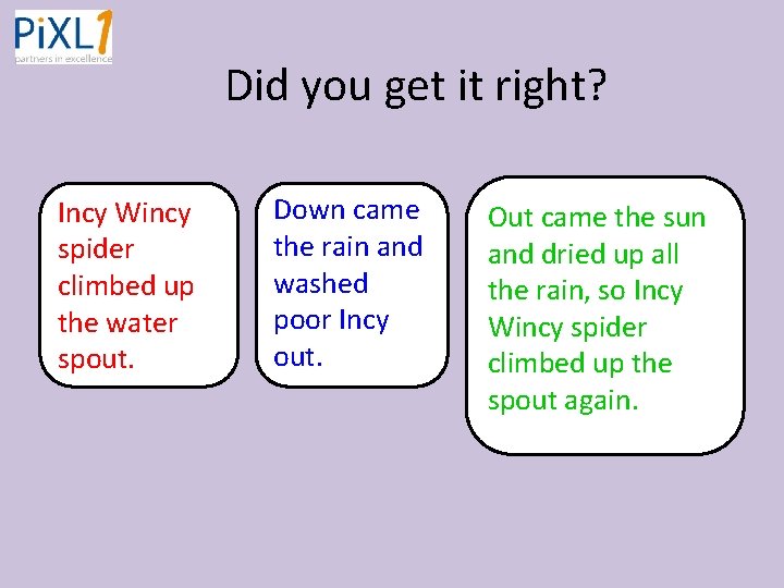 Did you get it right? Incy Wincy spider climbed up the water spout. Down