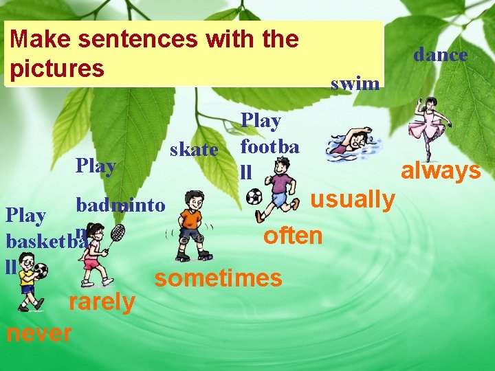 Make sentences with the pictures Play badminto n basketba rarely never swim Play skate