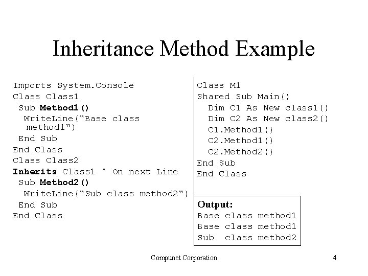 Inheritance Method Example Imports System. Console Class 1 Sub Method 1() Write. Line("Base class Inheritance Method Example Imports System. Console Class 1 Sub Method 1() Write. Line("Base class