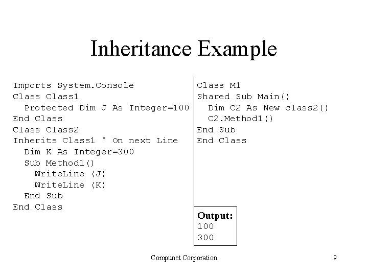 Inheritance Example Imports System. Console Class 1 Protected Dim J As Integer=100 End Class Inheritance Example Imports System. Console Class 1 Protected Dim J As Integer=100 End Class
