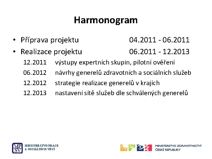 Harmonogram • Příprava projektu • Realizace projektu 12. 2011 06. 2012 12. 2013 04.