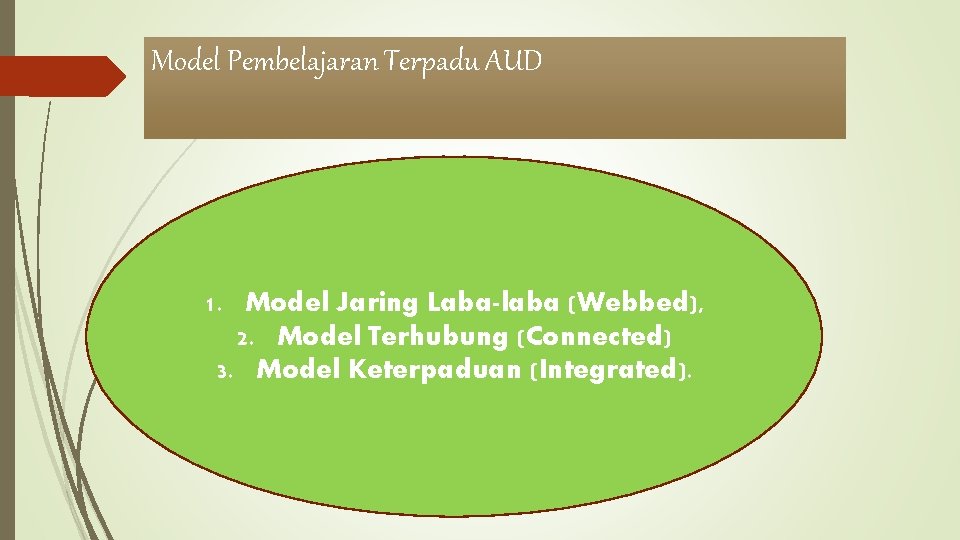 Model Pembelajaran Terpadu AUD 1. Model Jaring Laba-laba (Webbed), 2. Model Terhubung (Connected) 3.