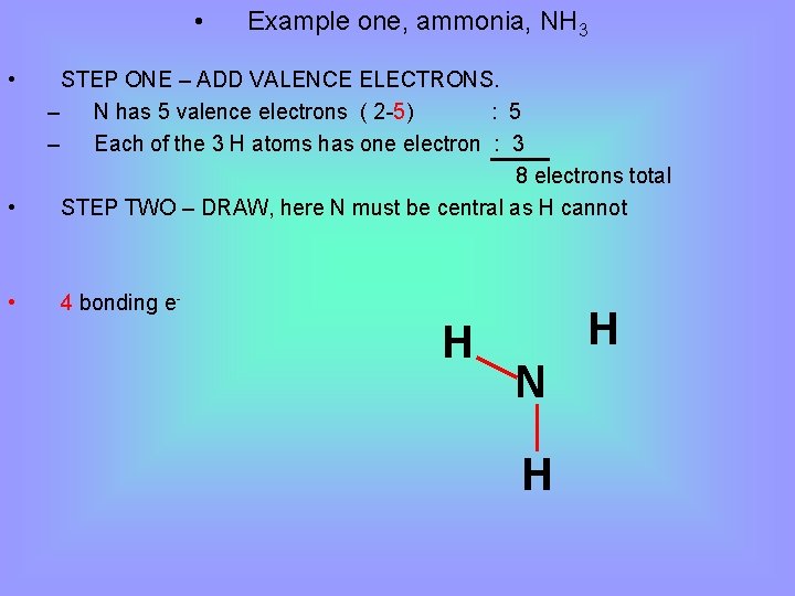  • • Example one, ammonia, NH 3 STEP ONE – ADD VALENCE ELECTRONS.