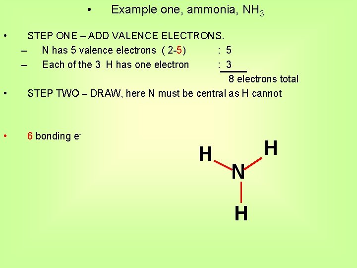  • • Example one, ammonia, NH 3 STEP ONE – ADD VALENCE ELECTRONS.