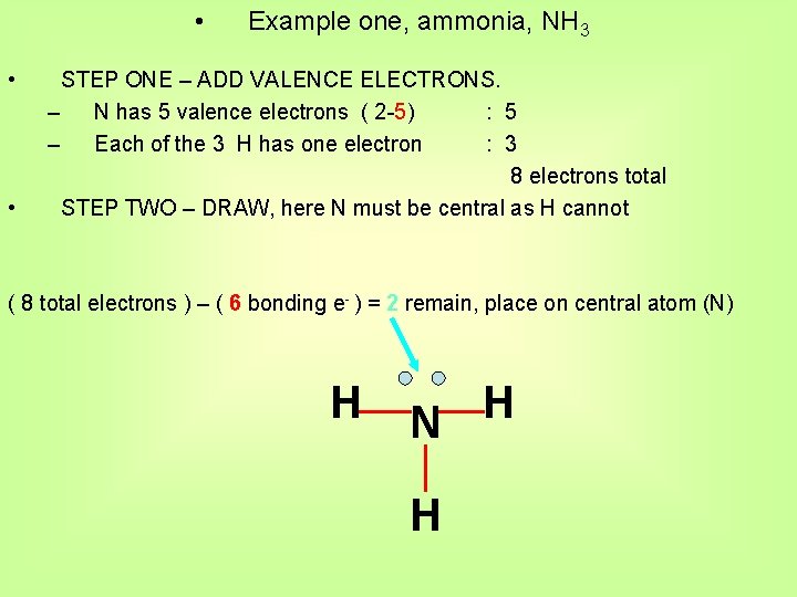  • • • Example one, ammonia, NH 3 STEP ONE – ADD VALENCE