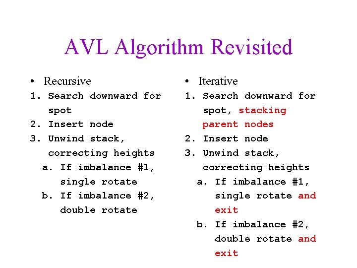 AVL Algorithm Revisited • Recursive • Iterative 1. Search downward for spot 2. Insert