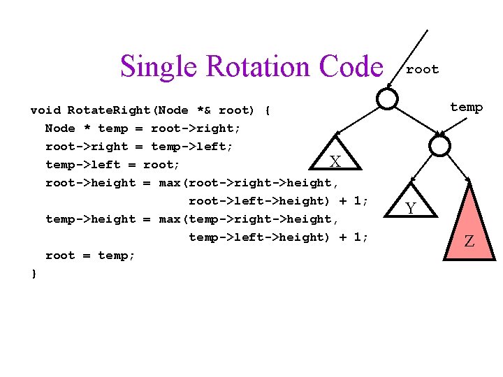 Single Rotation Code void Rotate. Right(Node *& root) { Node * temp = root->right;