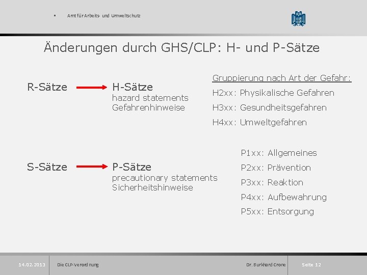 Amt für Arbeits- und Umweltschutz § Änderungen durch GHS/CLP: H- und P-Sätze R-Sätze H-Sätze