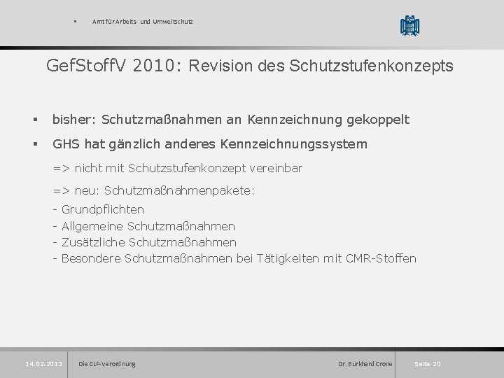 § Amt für Arbeits- und Umweltschutz Gef. Stoff. V 2010: Revision des Schutzstufenkonzepts §