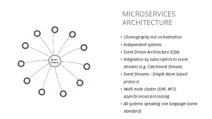 MICROSERVICES ARCHITECTURE ‣ Choreography not orchestration ‣ Independent systems ‣ Event Driven Architecture (EDA)