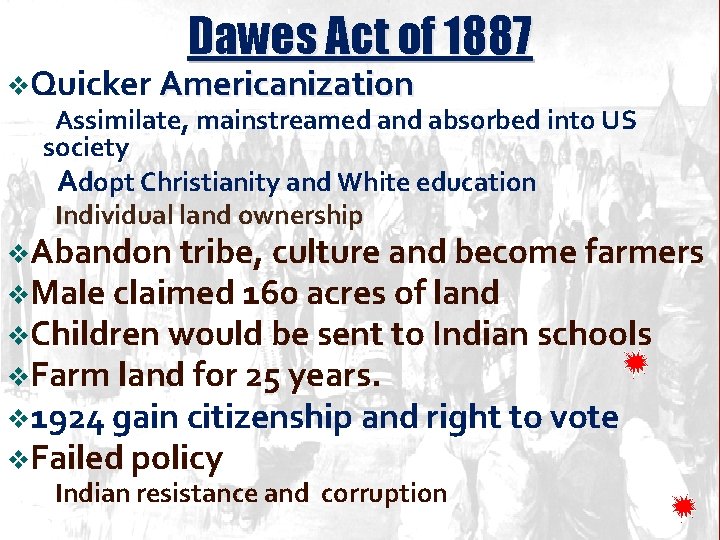 Dawes Act of 1887 v. Quicker Americanization §Assimilate, mainstreamed and absorbed into US society