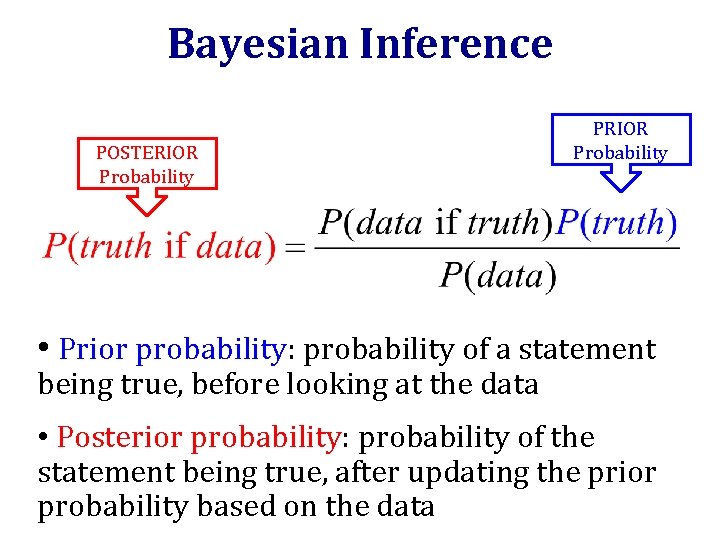 Bayesian Inference POSTERIOR Probability PRIOR Probability • Prior probability: probability of a statement being