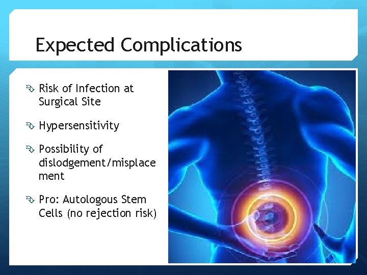 Expected Complications Risk of Infection at Surgical Site Hypersensitivity Possibility of dislodgement/misplace ment Pro: Expected Complications Risk of Infection at Surgical Site Hypersensitivity Possibility of dislodgement/misplace ment Pro: