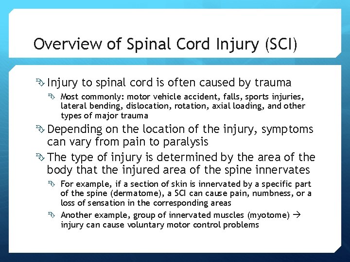 Overview of Spinal Cord Injury (SCI) Injury to spinal cord is often caused by Overview of Spinal Cord Injury (SCI) Injury to spinal cord is often caused by