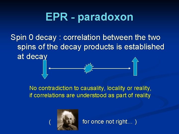 EPR - paradoxon Spin 0 decay : correlation between the two spins of the