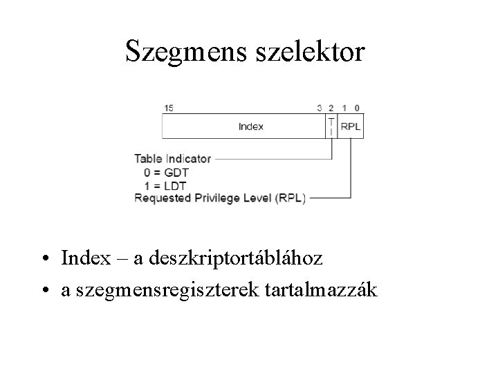 Szegmens szelektor • Index – a deszkriptortáblához • a szegmensregiszterek tartalmazzák 