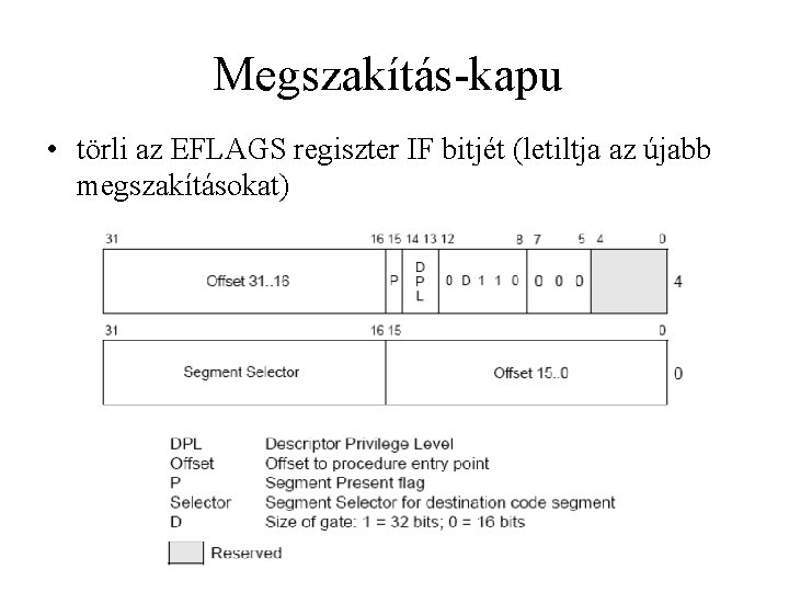 Megszakítás-kapu • törli az EFLAGS regiszter IF bitjét (letiltja az újabb megszakításokat) 