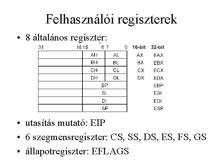 Felhasználói regiszterek • 8 általános regiszter: • utasítás mutató: EIP • 6 szegmensregiszter: CS,