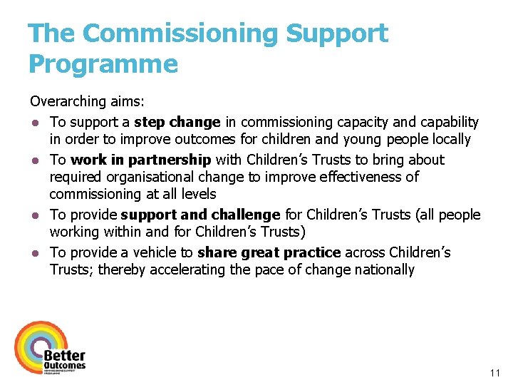 The Commissioning Support Programme Overarching aims: ● To support a step change in commissioning