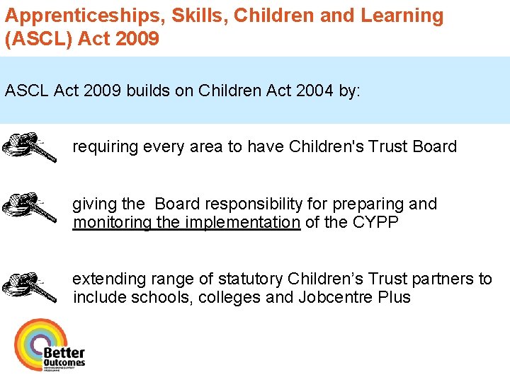 Apprenticeships, Skills, Children and Learning (ASCL) Act 2009 ASCL Act 2009 builds on Children