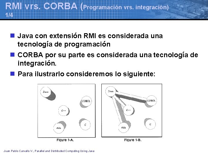 RMI vrs. CORBA (Programación vrs. integración) 1/4 n Java con extensión RMI es considerada