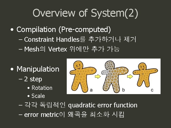 Overview of System(2) • Compilation (Pre-computed) – Constraint Handles를 추가하거나 제거 – Mesh의 Vertex