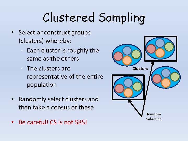 Clustered Sampling • Select or construct groups (clusters) whereby: - Each cluster is roughly