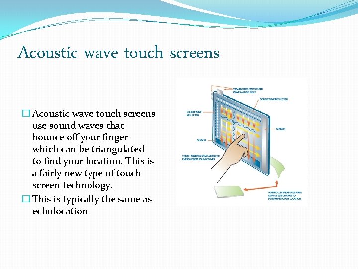Acoustic wave touch screens � Acoustic wave touch screens use sound waves that bounce