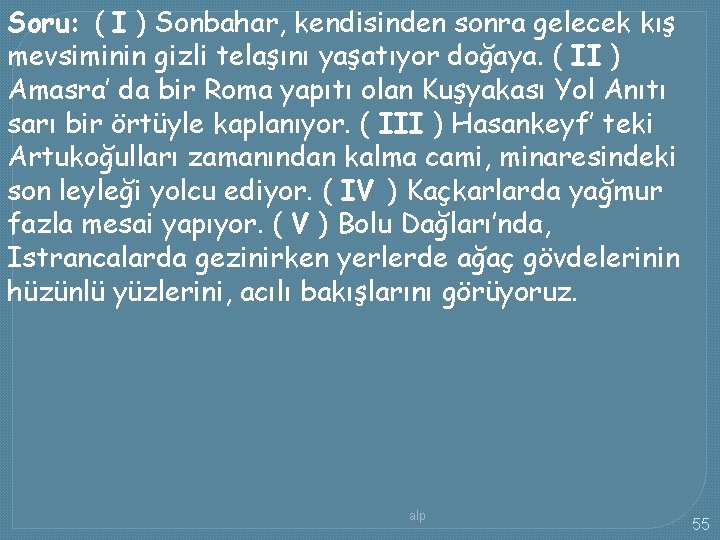 Soru: ( I ) Sonbahar, kendisinden sonra gelecek kış mevsiminin gizli telaşını yaşatıyor doğaya.