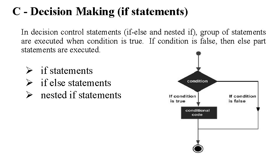 C - Decision Making (if statements) In decision control statements (if-else and nested if), C - Decision Making (if statements) In decision control statements (if-else and nested if),