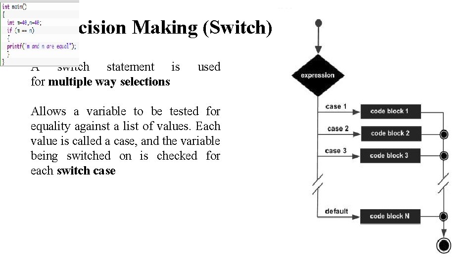 C - Decision Making (Switch) A switch statement is for multiple way selections used C - Decision Making (Switch) A switch statement is for multiple way selections used