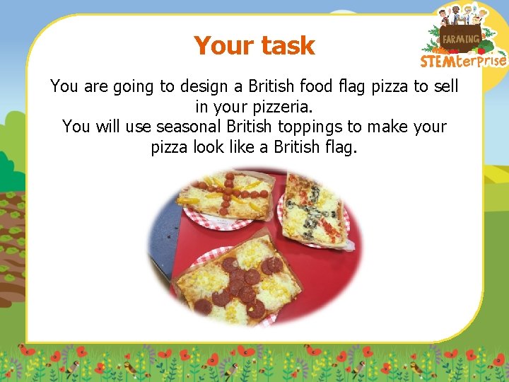 Your task You are going to design a British food flag pizza to sell