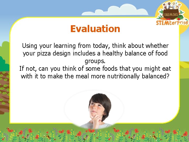 Evaluation Using your learning from today, think about whether your pizza design includes a