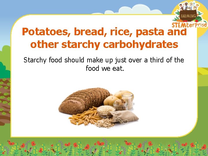 Potatoes, bread, rice, pasta and other starchy carbohydrates Starchy food should make up just