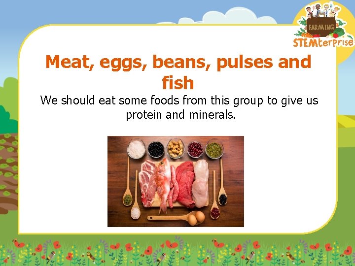 Meat, eggs, beans, pulses and fish We should eat some foods from this group
