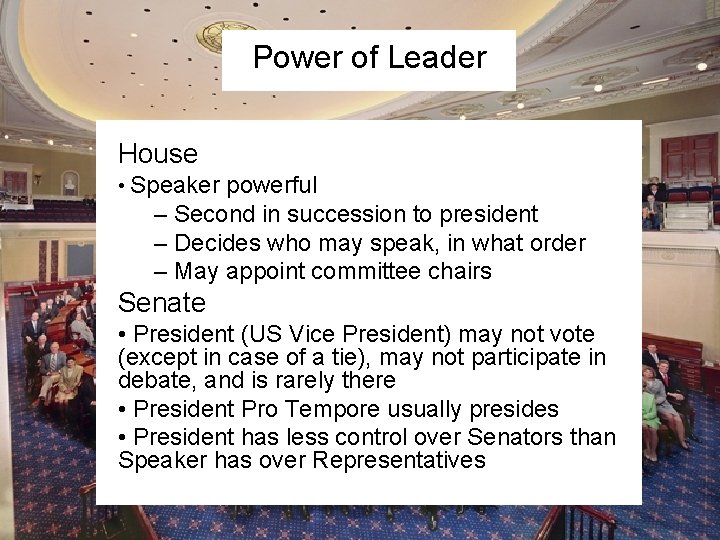 Power of Leader House • Speaker powerful – Second in succession to president –