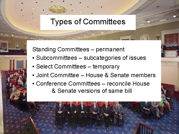 Types of Committees Standing Committees – permanent • Subcommittees – subcategories of issues •