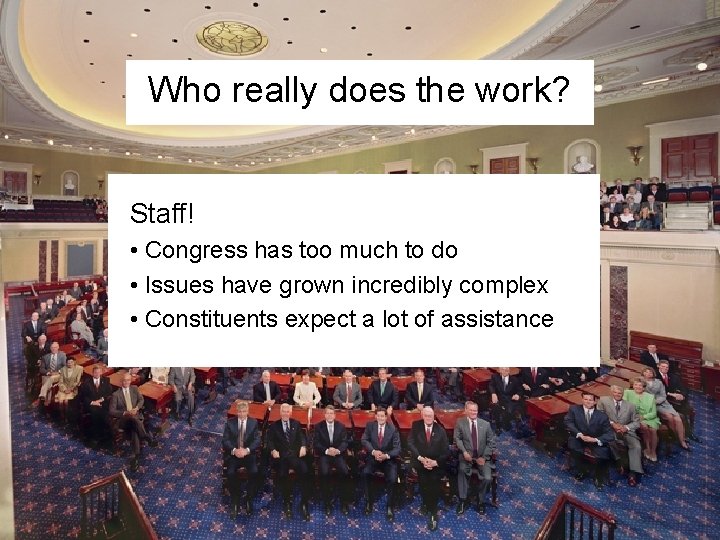 Who really does the work? Staff! • Congress has too much to do •