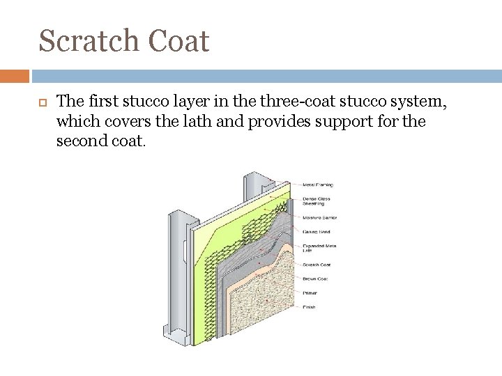 Scratch Coat The first stucco layer in the three-coat stucco system, which covers the