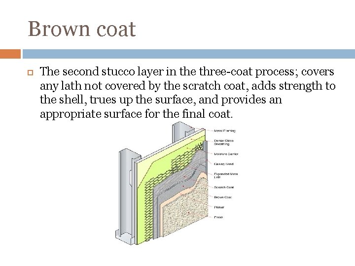 Brown coat The second stucco layer in the three-coat process; covers any lath not