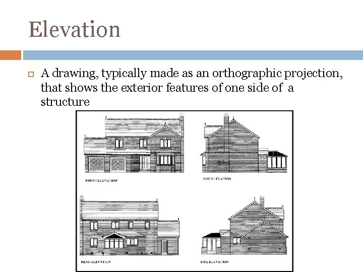 Elevation A drawing, typically made as an orthographic projection, that shows the exterior features